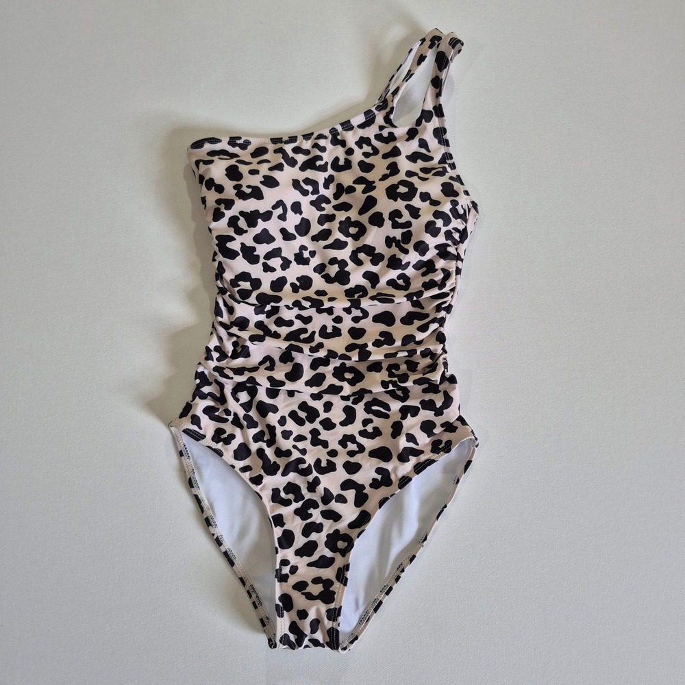 Holipick Womens One Shoulder One Piece Swimsuit Leopard Print Ruched Tan Black S